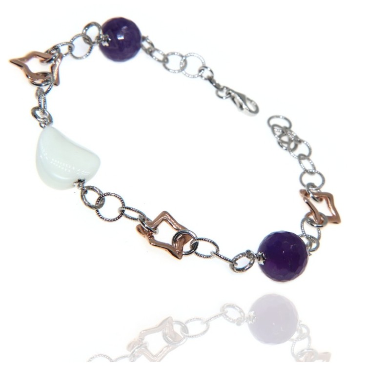 NSA|Bracciale cavigliera argento 925 ametista e stelle dorate con agata bianca naturali per donna