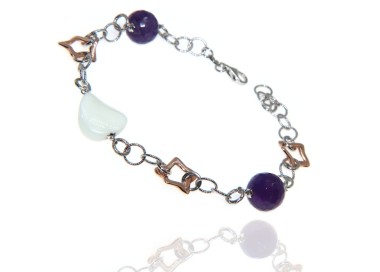 NSA|Bracciale cavigliera argento 925 ametista e stelle dorate con agata bianca naturali per donna