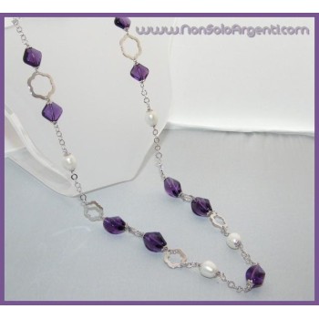NSA|Collana in ARGENTO 925 Italiano con Ametista purissima e perle naturali