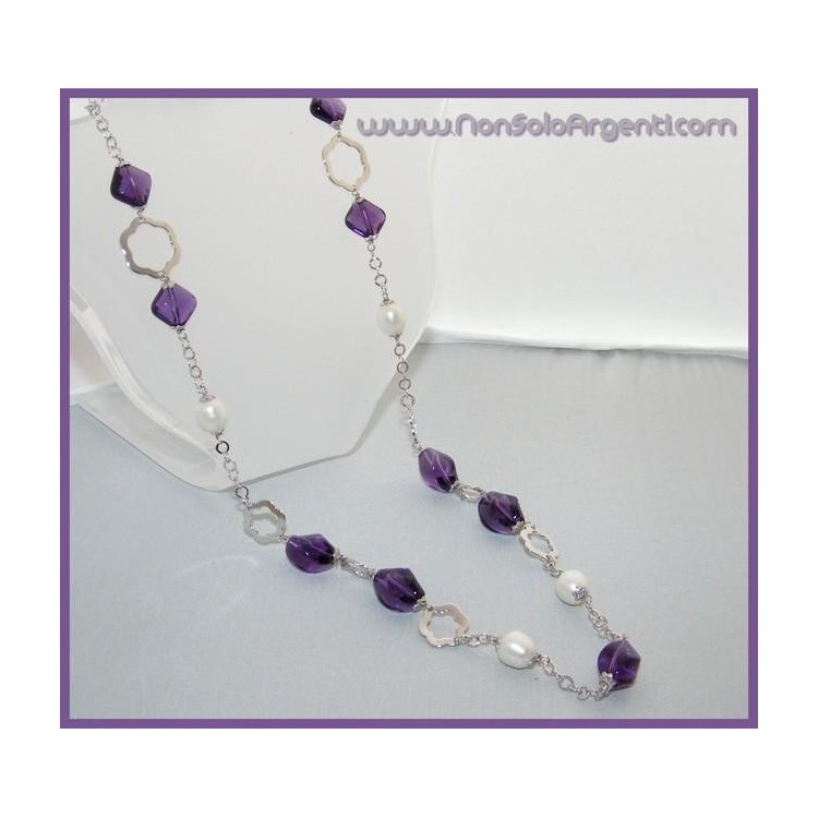 NSA|Collana in ARGENTO 925 Italiano con Ametista purissima e perle naturali