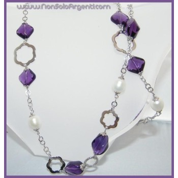 NSA|Collana in ARGENTO 925 Italiano con Ametista purissima e perle naturali