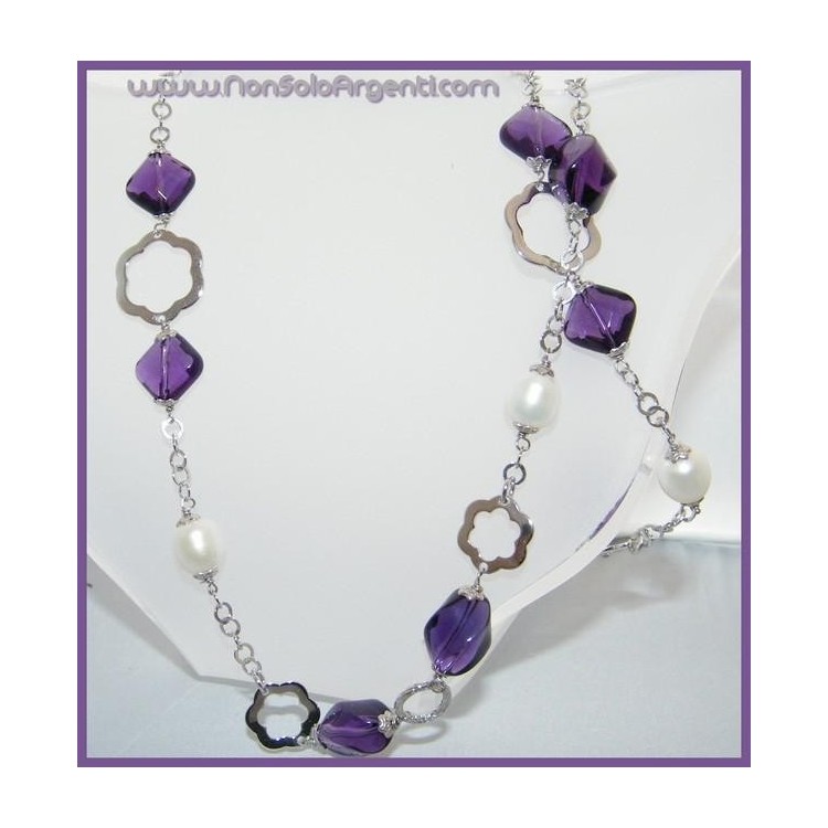 NSA|Collana in ARGENTO 925 Italiano con Ametista purissima e perle naturali