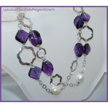 NSA|Collana in ARGENTO 925 Italiano con Ametista purissima e perle naturali