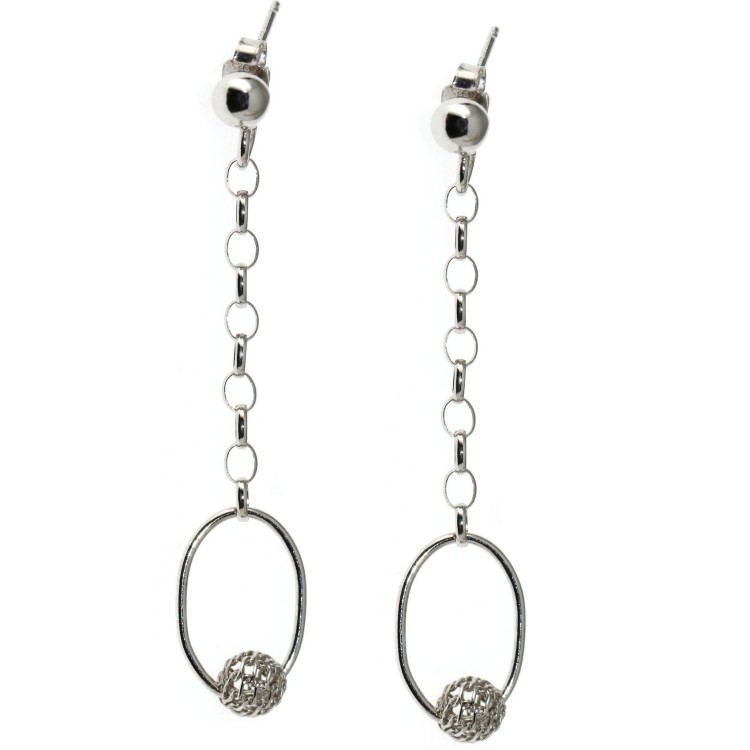 NSA|Orecchini argento 925 lunghi ovale con sfera traforata passante per donna