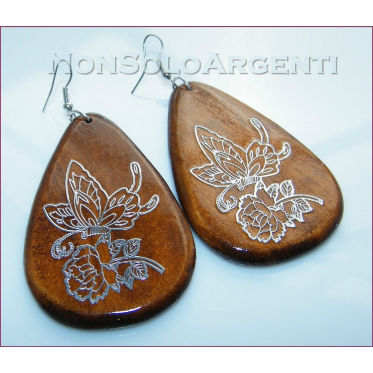 NSA|orecchini Gocce in legno con incisione argento o oro donna
