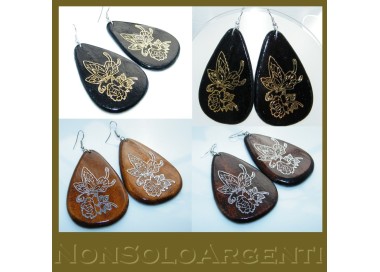 NSA|orecchini Gocce in legno con incisione argento o oro donna