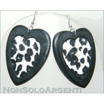 NSA|dangling wooden heart earrings with spotted fur center for women