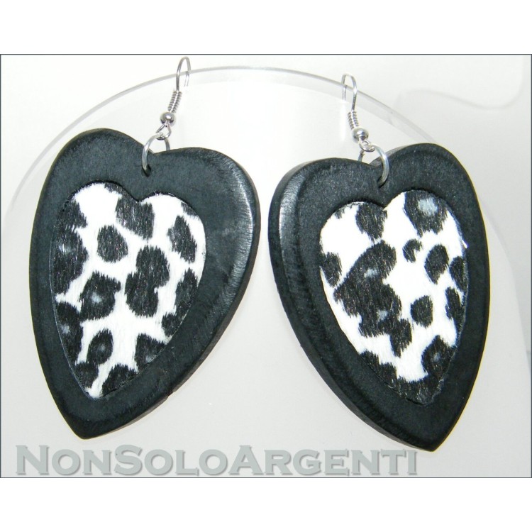 NSA|dangling wooden heart earrings with spotted fur center for women