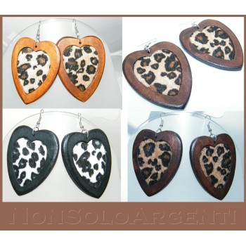 NSA|dangling wooden heart earrings with spotted fur center for women