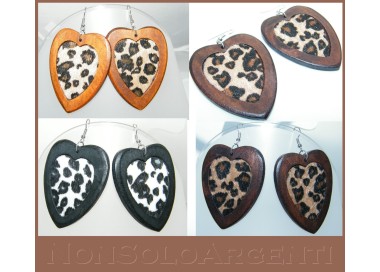 NSA|dangling wooden heart earrings with spotted fur center for women