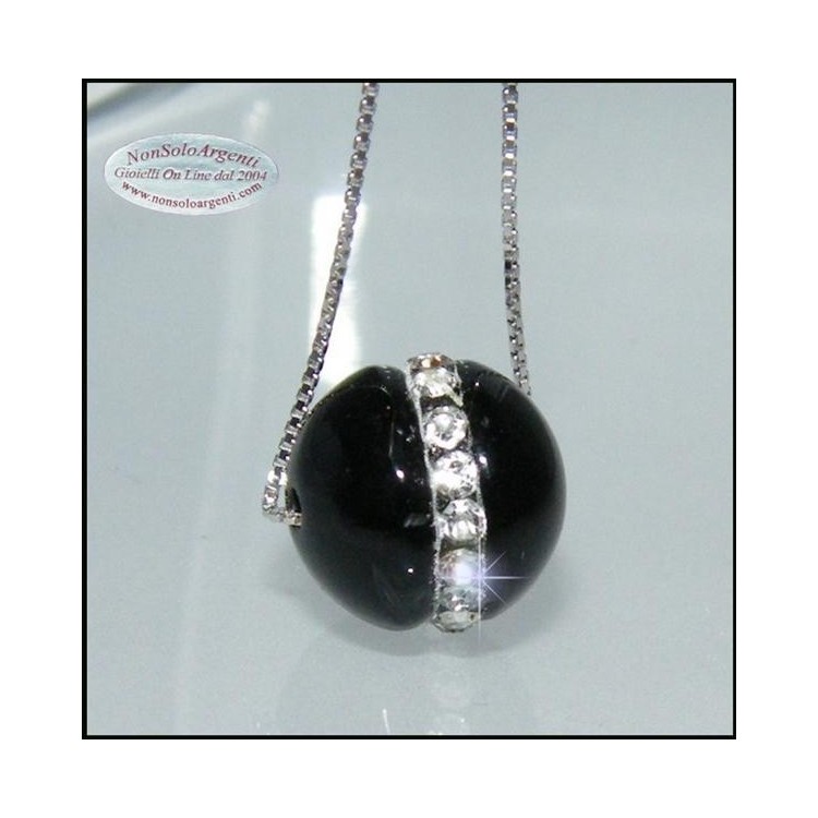 NSA|Girocollo veneziano in argento 925 rodiato con sfera passante di agata nera e zirconia