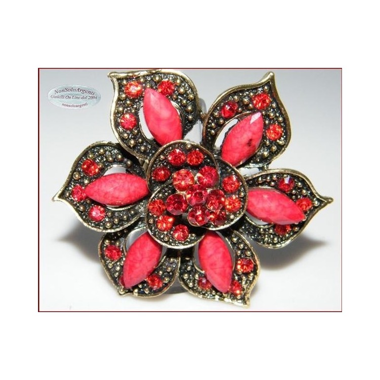 NSA|Anello elastico Bigiotteria Dorata e anticata grande fiore strass e navette