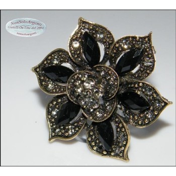NSA|Anello elastico Bigiotteria Dorata e anticata grande fiore strass e navette