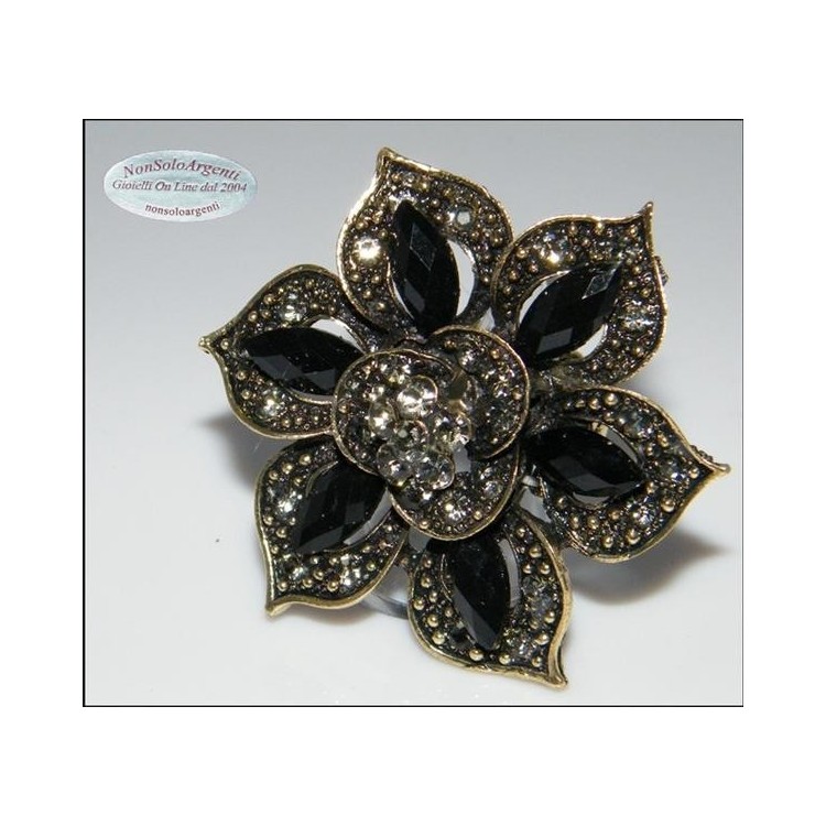 NSA|Anello elastico Bigiotteria Dorata e anticata grande fiore strass e navette