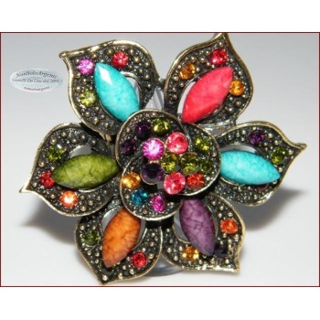 NSA|Anello elastico Bigiotteria Dorata e anticata grande fiore strass e navette