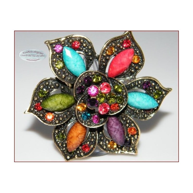 NSA|Anello elastico Bigiotteria Dorata e anticata grande fiore strass e navette