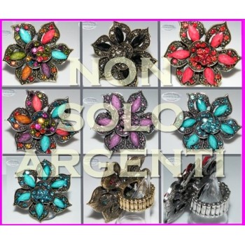 NSA|Anello elastico Bigiotteria Dorata e anticata grande fiore strass e navette