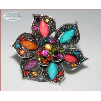 NSA|Anello elastico Bigiotteria Argentata e anticata grande fiore strass e navette