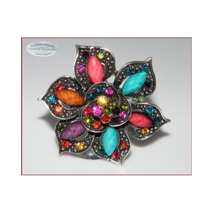 NSA|Anello elastico Bigiotteria Argentata e anticata grande fiore strass e navette