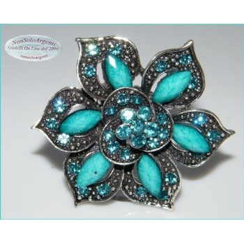 NSA|Anello elastico Bigiotteria Argentata e anticata grande fiore strass e navette