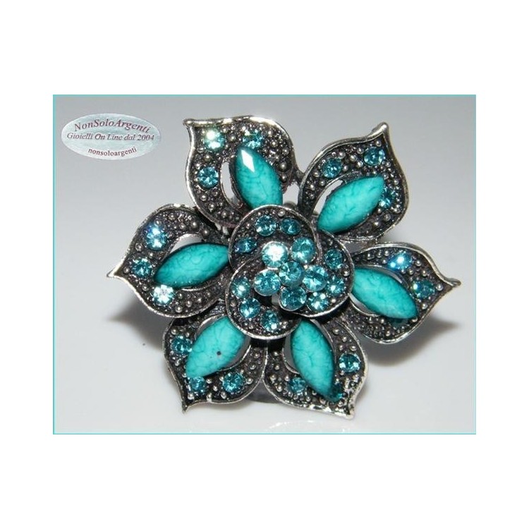 NSA|Anello elastico Bigiotteria Argentata e anticata grande fiore strass e navette