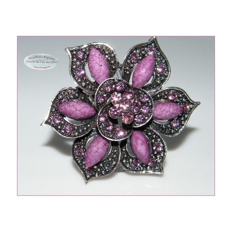NSA|Anello elastico Bigiotteria Argentata e anticata grande fiore strass e navette