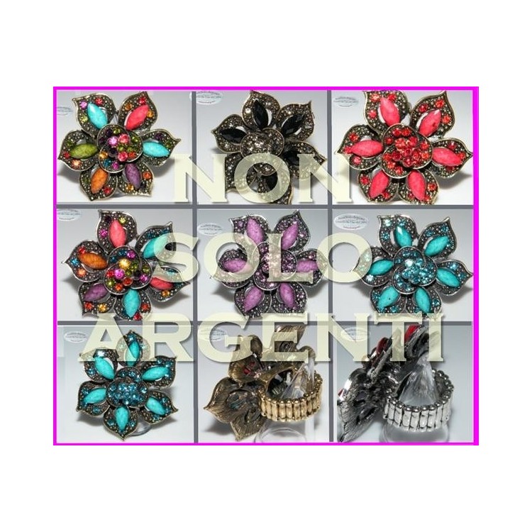 NSA|Anello elastico Bigiotteria Argentata e anticata grande fiore strass e navette