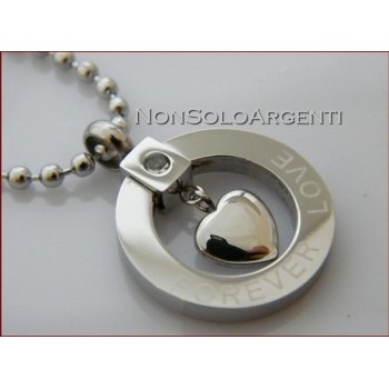 NSA|Acciaio : Collana Love Forever Pallini Beads Ciondolo Zircone e Cuore Uomo Donna Unisex