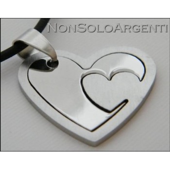 NSA|Acciaio : Collana uomo / donna caucciu con ciondolo Cuore scomponibile liscio e satinato