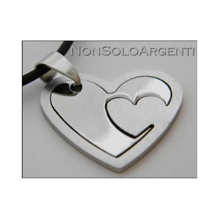 NSA|Acciaio : Collana uomo / donna caucciu con ciondolo Cuore scomponibile liscio e satinato