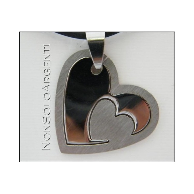 NSA|Acciaio : Collana uomo / donna caucciu con ciondolo Cuore scomponibile liscio e satinato