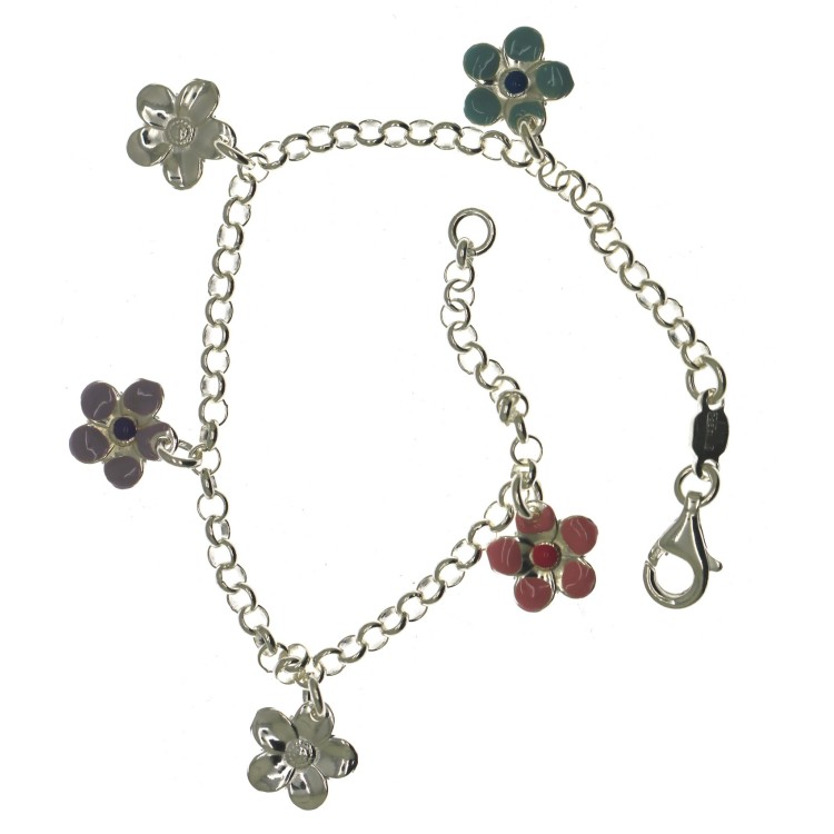 NSA|Argento 925 : Bracciale Primavera rolo' con  5 ciondoli fiori smaltati