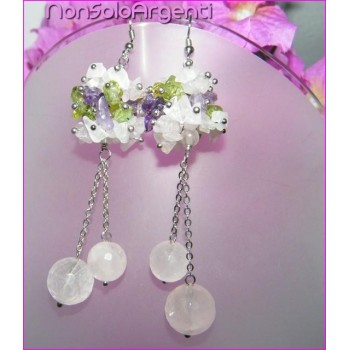 NSA|925 Silver: Earrings with pendants PEARLS Natural rose quartz and chips Quartz and peridot