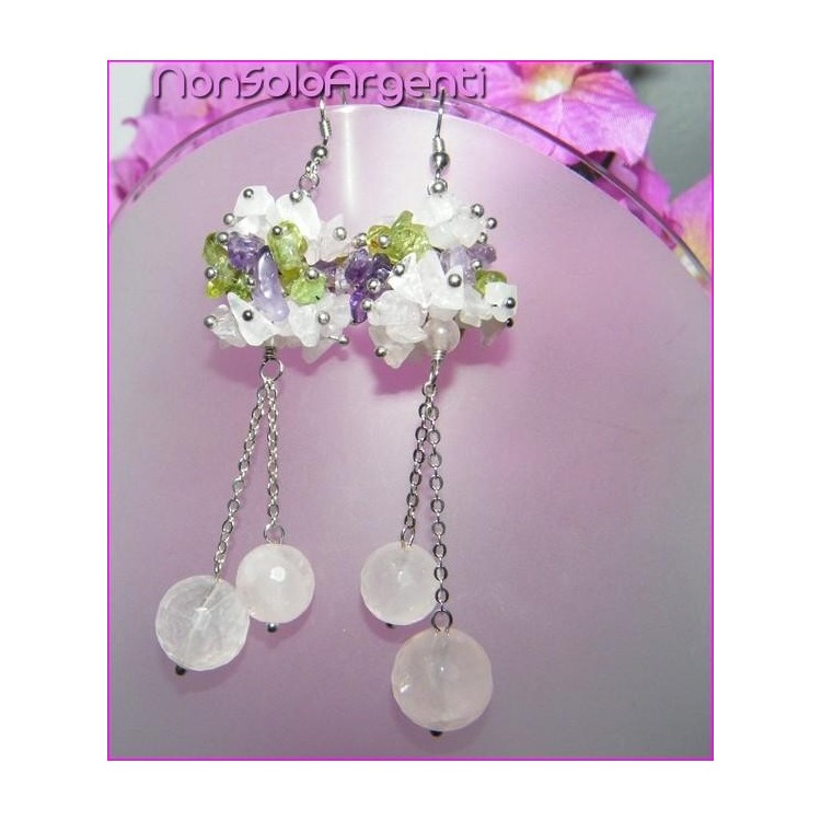 NSA|925 Silver: Earrings with pendants PEARLS Natural rose quartz and chips Quartz and peridot
