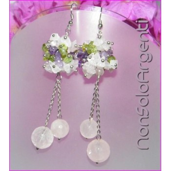 NSA|925 Silver: Earrings with pendants PEARLS Natural rose quartz and chips Quartz and peridot