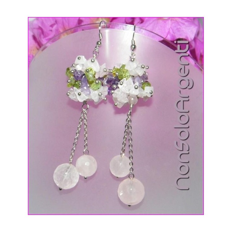 NSA|925 Silver: Earrings with pendants PEARLS Natural rose quartz and chips Quartz and peridot
