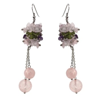 NSA|Argento 925 : Orecchini con ciondoli PERLE Quarzo rosa naturale e chips Quarzo e peridoto