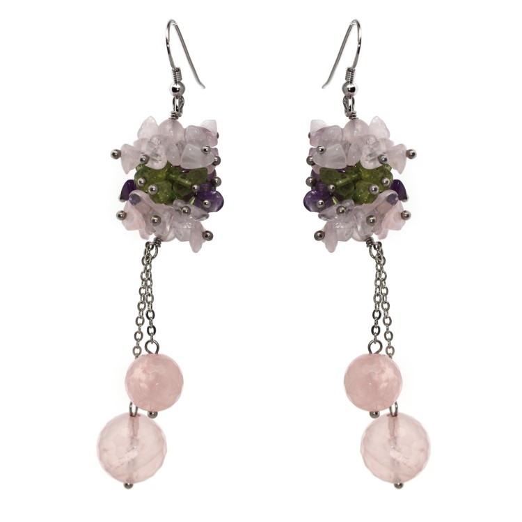 NSA|Argento 925 : Orecchini con ciondoli PERLE Quarzo rosa naturale e chips Quarzo e peridoto
