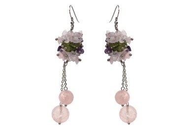 NSA|925 Silver: Earrings with pendants PEARLS Natural rose quartz and chips Quartz and peridot