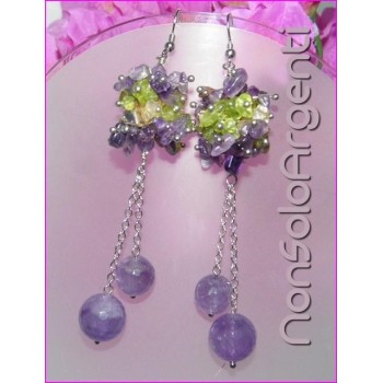 NSA|Argento 925 : Orecchini con ciondoli PERLE AMETISTA naturale e chips Quarzo e peridoto