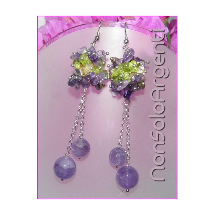 NSA|Argento 925 : Orecchini con ciondoli PERLE AMETISTA naturale e chips Quarzo e peridoto
