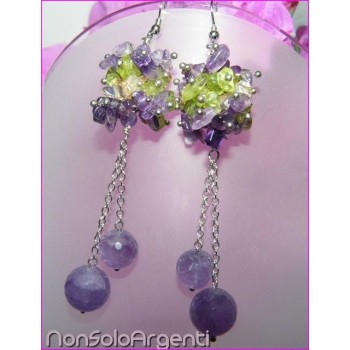 NSA|Argento 925 : Orecchini con ciondoli PERLE AMETISTA naturale e chips Quarzo e peridoto