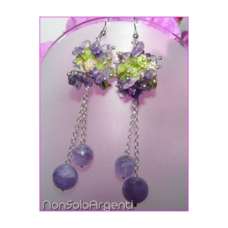 NSA|Argento 925 : Orecchini con ciondoli PERLE AMETISTA naturale e chips Quarzo e peridoto