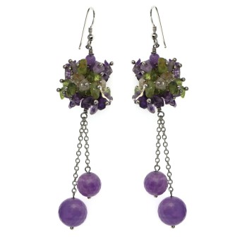 NSA|925 Silver: Earrings with natural AMETHYST PEARLS pendants and Quartz and peridot chips