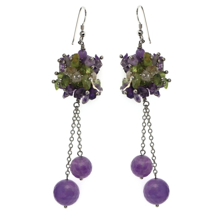 NSA|925 Silver: Earrings with natural AMETHYST PEARLS pendants and Quartz and peridot chips