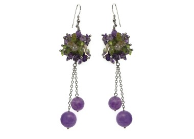 NSA|925 Silver: Earrings with natural AMETHYST PEARLS pendants and Quartz and peridot chips