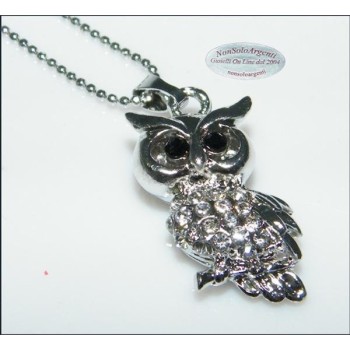 NSA|Bigiotteria : Collana argentata con ciondolo a forma di Gufo con pavè di strass in cofanetto