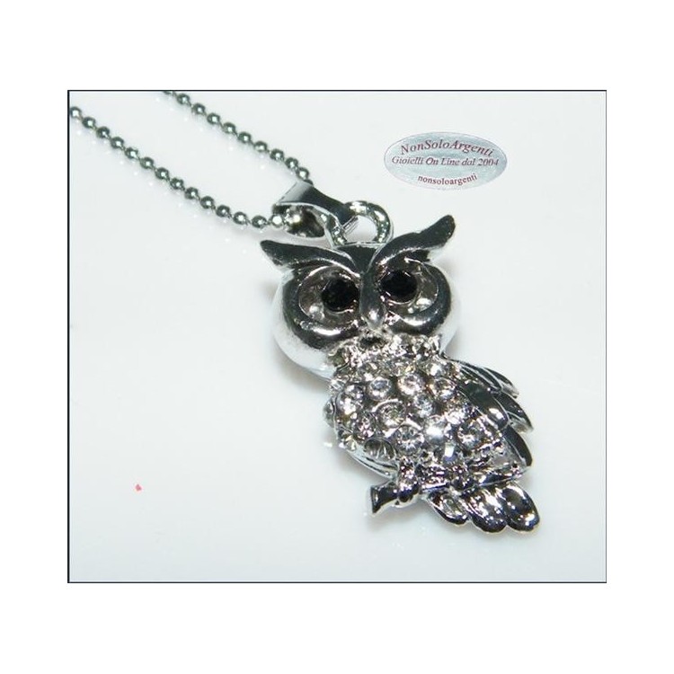 NSA|Bigiotteria : Collana argentata con ciondolo a forma di Gufo con pavè di strass in cofanetto