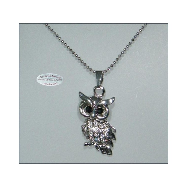 NSA|Bigiotteria : Collana argentata con ciondolo a forma di Gufo con pavè di strass in cofanetto
