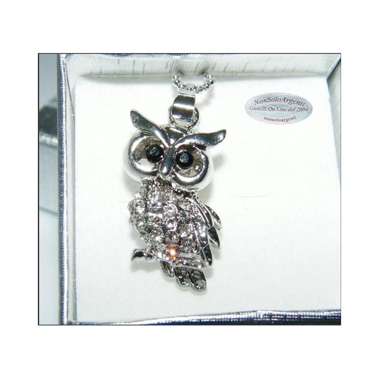 NSA|Bigiotteria : Collana argentata con ciondolo a forma di Gufo con pavè di strass in cofanetto